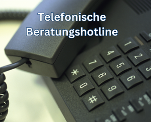 Ein Telefon mit etwas angehobenem Hörer, darüber der Text "Telefonische Beratungshotline".