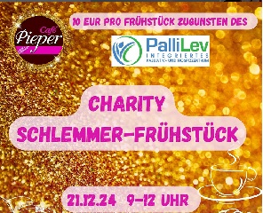 Ein goldfarbener Hintergrund, darauf die Schirft "Schlemmerfrühstück Café Pieper" 